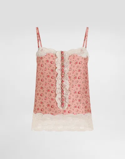 Dolce & Gabbana Small Rose-print Silk Top In Pink