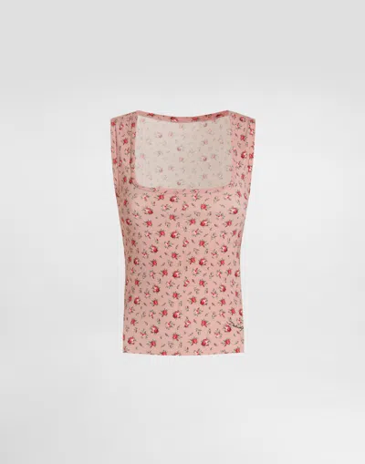 Dolce & Gabbana Small Rose-print Viscose Tank Top In Pink