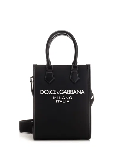 Dolce & Gabbana Small Shopping Bag With Rubberized Logo In Nero