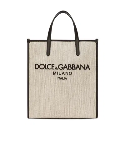 Dolce & Gabbana Small Shopping Canvas Tote Bag In Nude