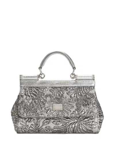 Dolce & Gabbana Small Sicily Brocade Tote Bag In Silver