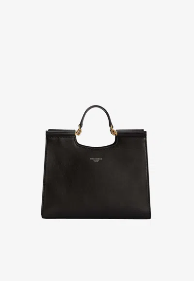 Dolce & Gabbana Small Sicily Calf Leather Tote Bag In Black