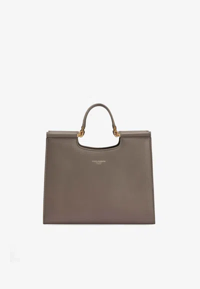 Dolce & Gabbana Small Sicily Calf Leather Tote Bag In Gray