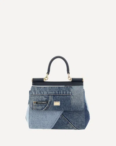 Dolce & Gabbana Small Sicily Denim And Calf Leather Handbag In Blue