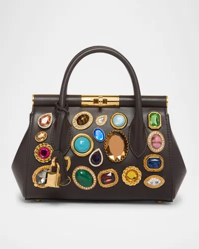Dolce & Gabbana Small Sicily Jeweled Leather Top-handle Bag In Brown