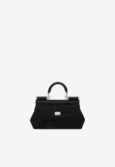 Dolce & Gabbana Small Sicily Patchwork Denim Top Handle Bag In Black