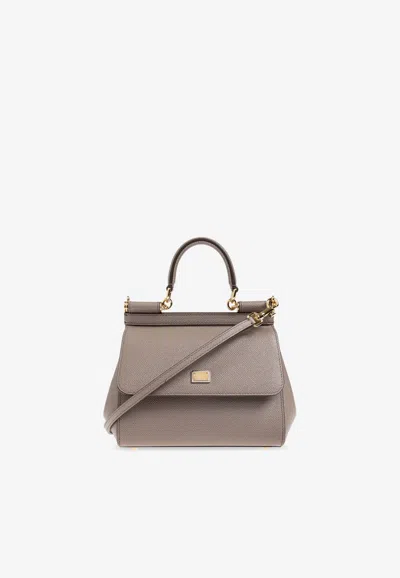 Dolce & Gabbana Small Sicily Top Handle Bag In Dauphine Leather In Beige