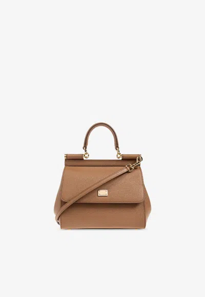 Dolce & Gabbana Small Sicily Top Handle Bag In Dauphine Leather In Brown