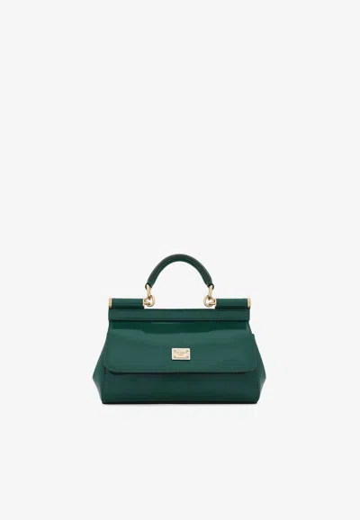 Dolce & Gabbana Small Sicily Top Handle Bag In Polished Leather In Dark Green
