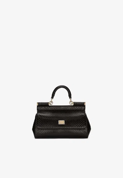 Dolce & Gabbana Small Sicily Top Handle Bag In Python Embossed Leather In Black