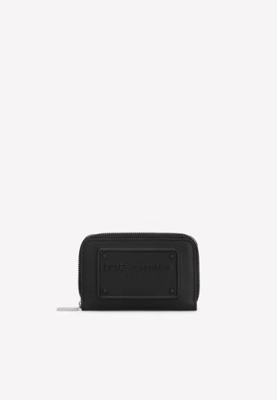 Dolce & Gabbana Small Zip-around Wallet In Calfskin With Embossed Logo In Black