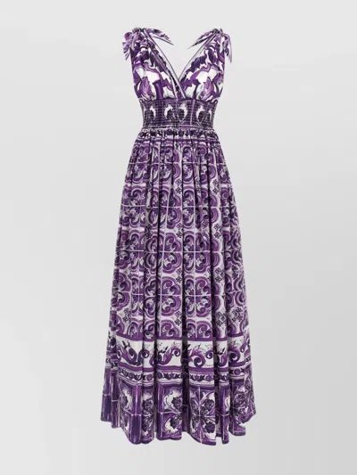 DOLCE & GABBANA SMOCKED V-NECK MAXI DRESS WITH TIE STRAPS