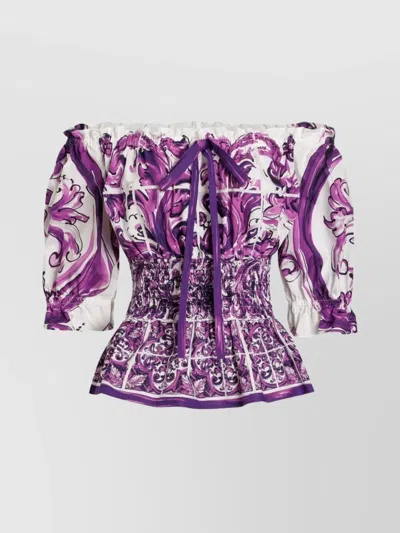 DOLCE & GABBANA SMOCKED WAIST OFF-THE-SHOULDER TOP WITH PUFF SLEEVES