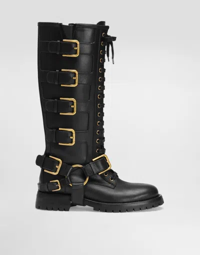 Dolce & Gabbana Smooth Leather Biker Boots In Black