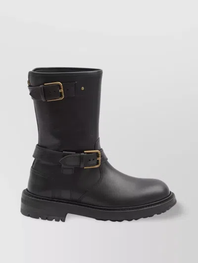 Dolce & Gabbana Smooth Leather Buckle Strap Mid-calf Boots In Black