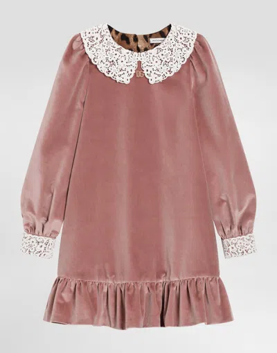 Dolce & Gabbana Smooth Velvet Dress With Macramé Collar In Pink