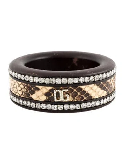 Pre-owned Dolce & Gabbana Snakeskin, Crystal & Wood Logo Bangle, 7.75" In Brown/clear/white
