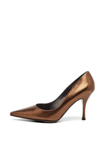 Pre-owned Dolce & Gabbana Snakeskin-embossed Pointed-toe Pumps In Brown