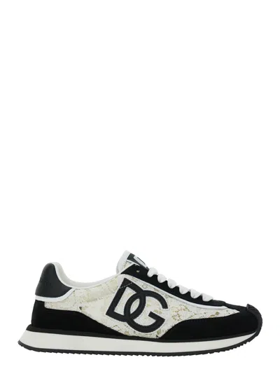 DOLCE & GABBANA DOLCE & GABBANA WOMEN BLACK AND WHITE LOW TOP WITH LACE DETAILS AND DG PATCH ON THE SIDE IN FABRIC A