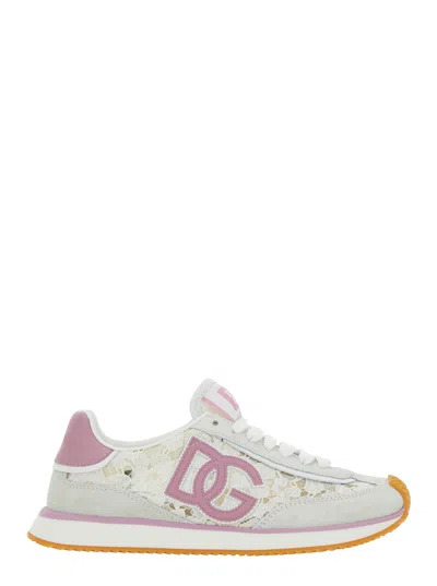 DOLCE & GABBANA DOLCE & GABBANA WHITE LOW TOP WITH LACE DETAILS AND DG PATCH ON THE SIDE IN FABRIC AND SUEDE BLEND W