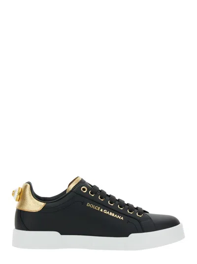 DOLCE & GABBANA BLACK LOW TOP SNEAKERS WITH LOGO LETTERING ON THE TONGUE AND LOGO DETAIL ON THE HEEL IN LEATHER WOMA