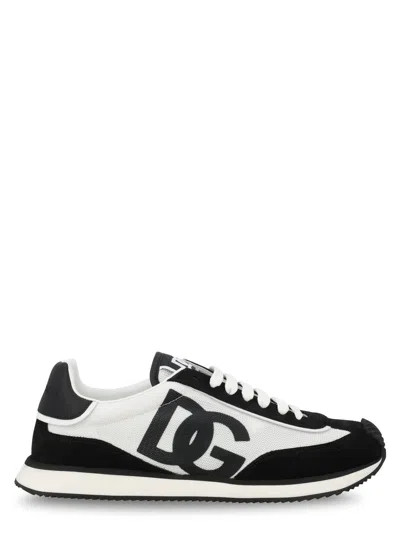 Dolce & Gabbana 'aria' White And Black Running Sneakers With Logo Detail In Suede And Tech Fabric Ma
