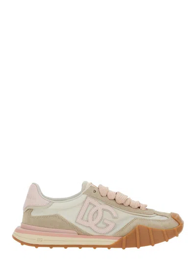 Dolce & Gabbana Dg Athletic Sneakers In Ivory And Pink Fabric And Leather In Multi