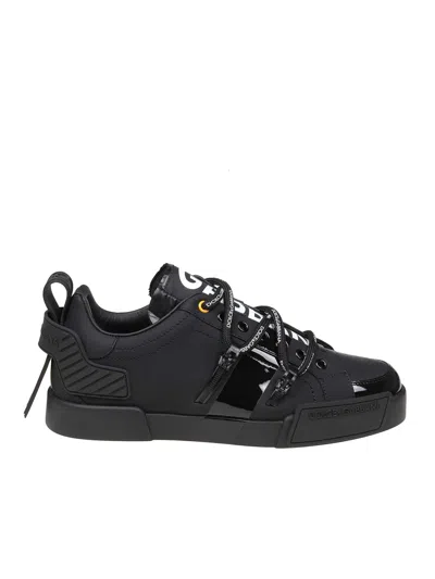 Dolce & Gabbana Black Calfskin And Patent Leather Portifino Sneakers