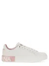 Dolce & Gabbana Portofino White And Pink Low Top Sneakers With Logo In Leather Woman In Multicolour
