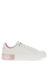 Dolce & Gabbana Portofino White And Pink Low Top Sneakers With Logo In Leather Woman In Multicolour