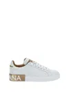 Dolce & Gabbana Portofino White And Gold Low Top Sneakers With Logo In Leather Woman In White
