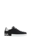 Dolce & Gabbana Portofino Sneakers In Black Leather With Silver Inserts