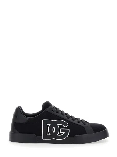 DOLCE & GABBANA 'PORTOFINO' BLACK LOW TOP SNEAKERS WITH LOGO EMBROIDERY ON THE SIDE AND LOGO PATCH ON THE TONGUE IN 