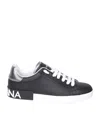 Dolce & Gabbana Portofino Sneakers In Black Leather With Silver Inserts