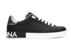 Dolce & Gabbana Portofino Sneakers In Black Leather With Silver Inserts