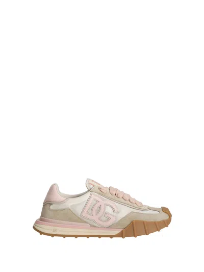 Dolce & Gabbana Dg Athletic Sneakers In Ivory And Pink Fabric And Leather In Multi