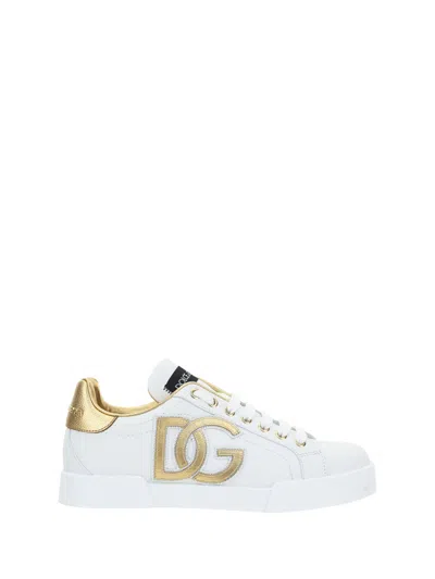 Dolce & Gabbana Portofino Logo Detail Leather Sneakers In White