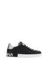 Dolce & Gabbana Portofino Sneakers In Black Leather With Silver Inserts In Black