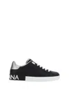 Dolce & Gabbana Portofino Sneakers In Black Leather With Silver Inserts In Black