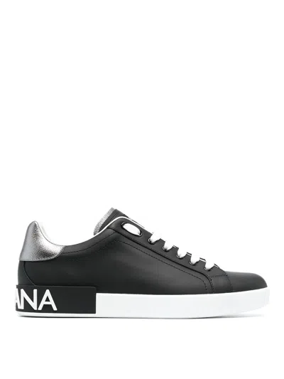 Dolce & Gabbana Portofino Sneakers In Black Leather With Silver Inserts Dolce E Gabbana