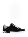 Dolce & Gabbana Portofino Sneakers In Black Leather With Silver Inserts In Black