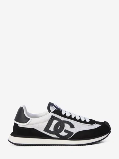 Dolce & Gabbana Aria White And Black Running Sneakers With Logo Detail In Suede And Tech Fabric Man In Multi