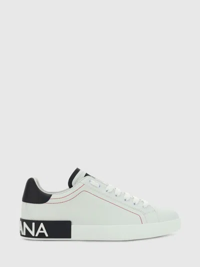 Dolce & Gabbana Portofino White Low Top Sneakers With Patch Logo And Red Stitching In Smooth Leather Man