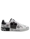 Dolce & Gabbana White Low Top Sneakers With Logo Patch On The Tongue And All-over Print In Leather Man In Multicolor