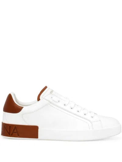 Dolce & Gabbana Sneakers In Pelle Bianca Con Dettagli Marroni Dolce E Gabbana In White