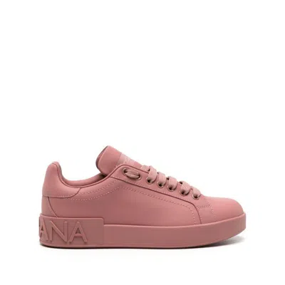 Dolce & Gabbana Embossed-logo Leather Sneakers In Pink
