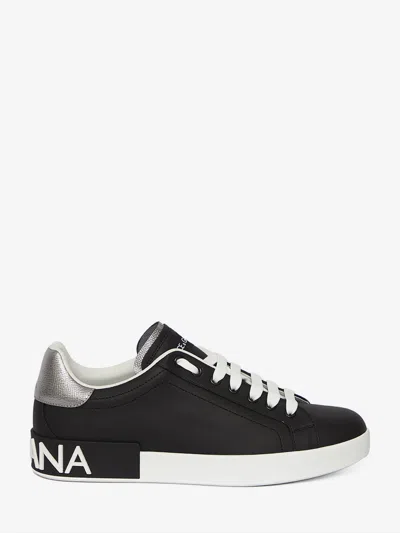 Dolce & Gabbana Portofino Sneakers In Black Leather With Silver Inserts Dolce E Gabbana