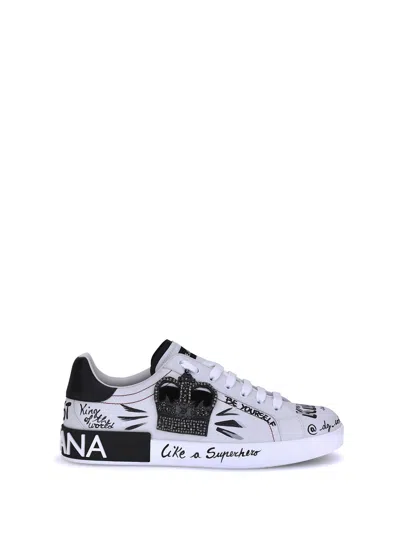 Dolce & Gabbana White Low Top Sneakers With Logo Patch On The Tongue And All-over Print In Leather Man In Multi