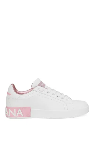 Dolce & Gabbana Portofino Leather Sneakers In White And Pink In Multi