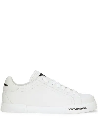 Dolce & Gabbana Portofino' White Low Top Sneakers With Contrasting Logo Detail In Leather